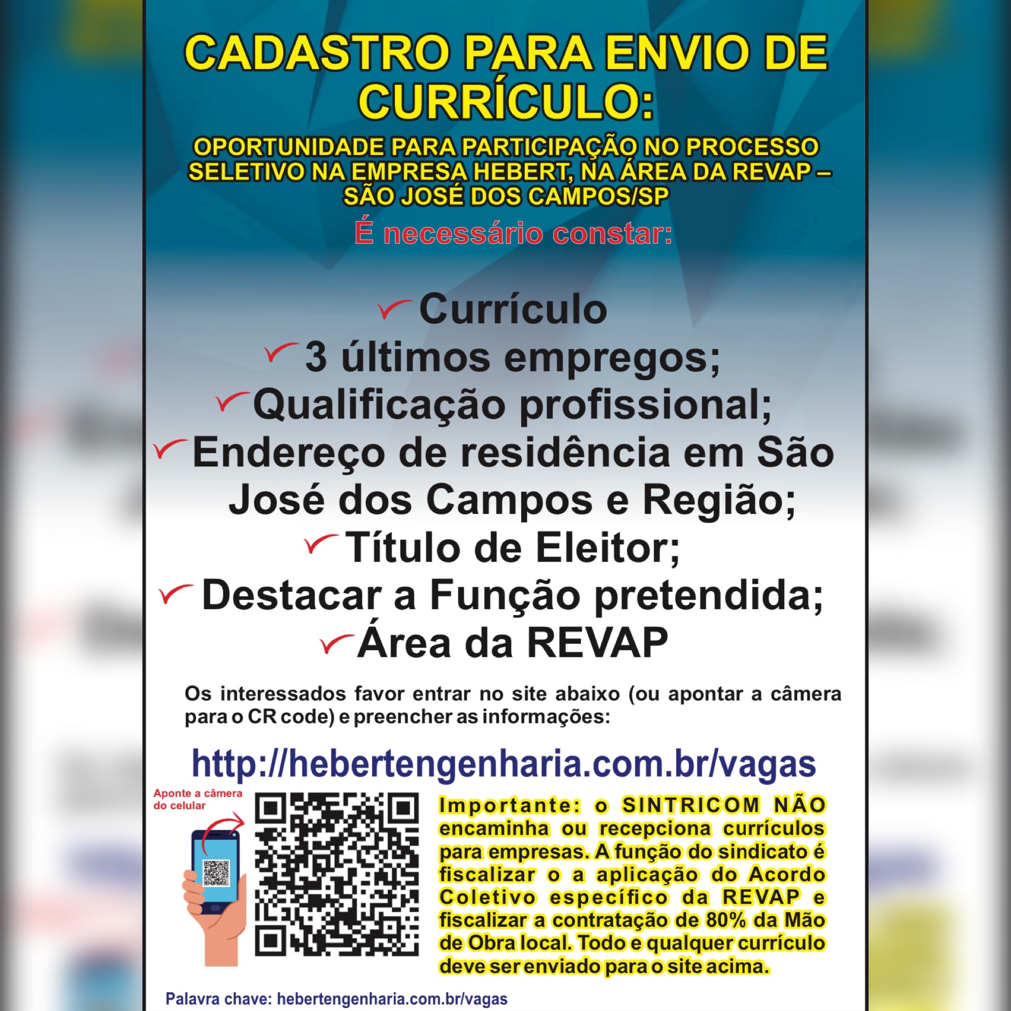 Empresa Hebert, que atua na Revap em SJC, abre vagas de emprego 
