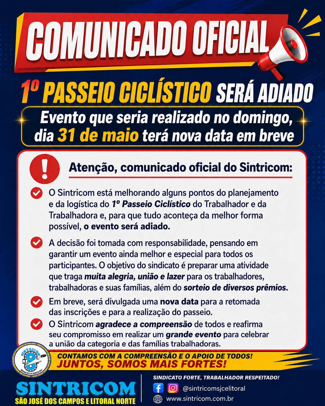 Atenção, comunicado oficial do Sintricom: Adiamento do Passeio Ciclistico