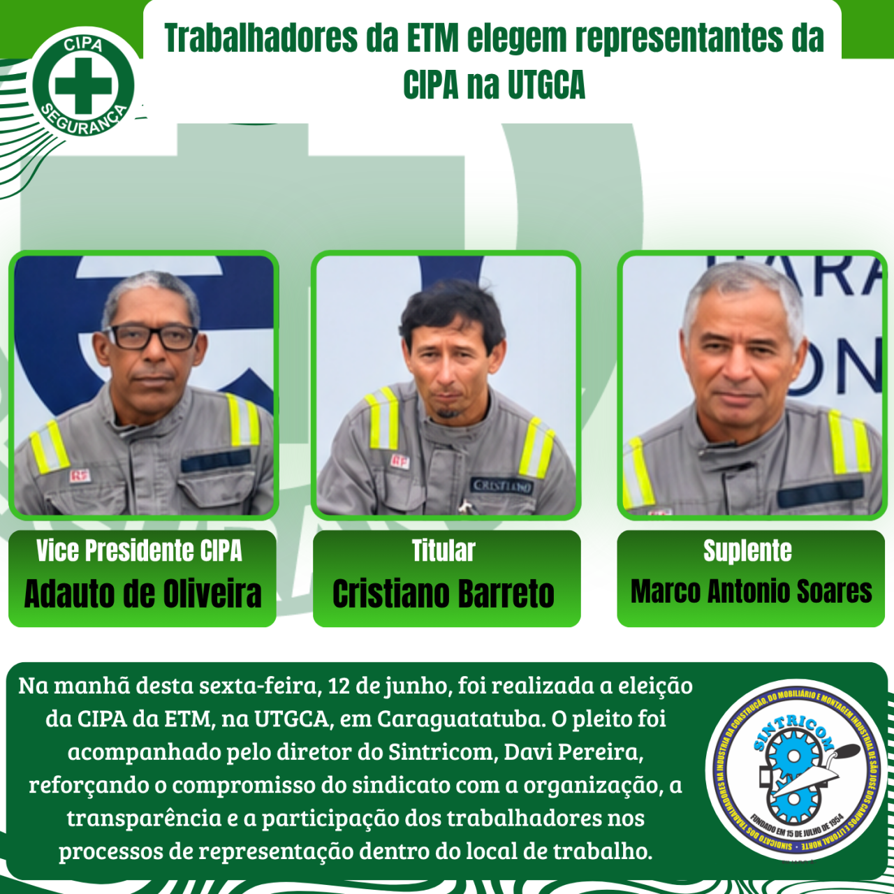 Eleição da CIPA da ETM na UTGCA define representantes dos trabalhadores