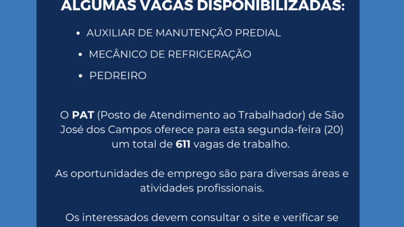 PAT (Posto de Atendimento ao Trabalhador) oferece 611 vagas de emprego